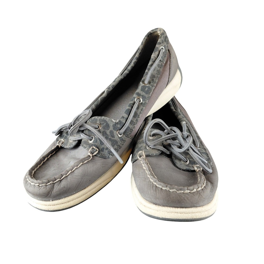 Sperry Top-Sider Womens Grey Leather Leopard Print Boat Shoes STS97396 Size 9.5M